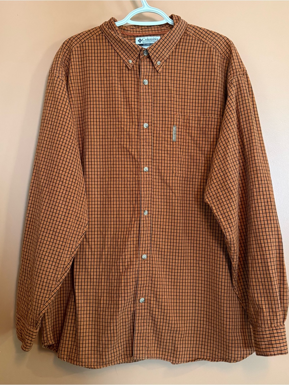 Columbia Men’s XL Orange Brown Plaid 100% Cotton Button Down Outdoor Shirt
